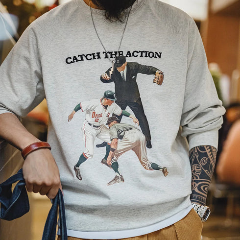 Vintage Baseball Print Sweatshirt – Heavyweight Embroidered Loose Fit Crew Neck Hoodie